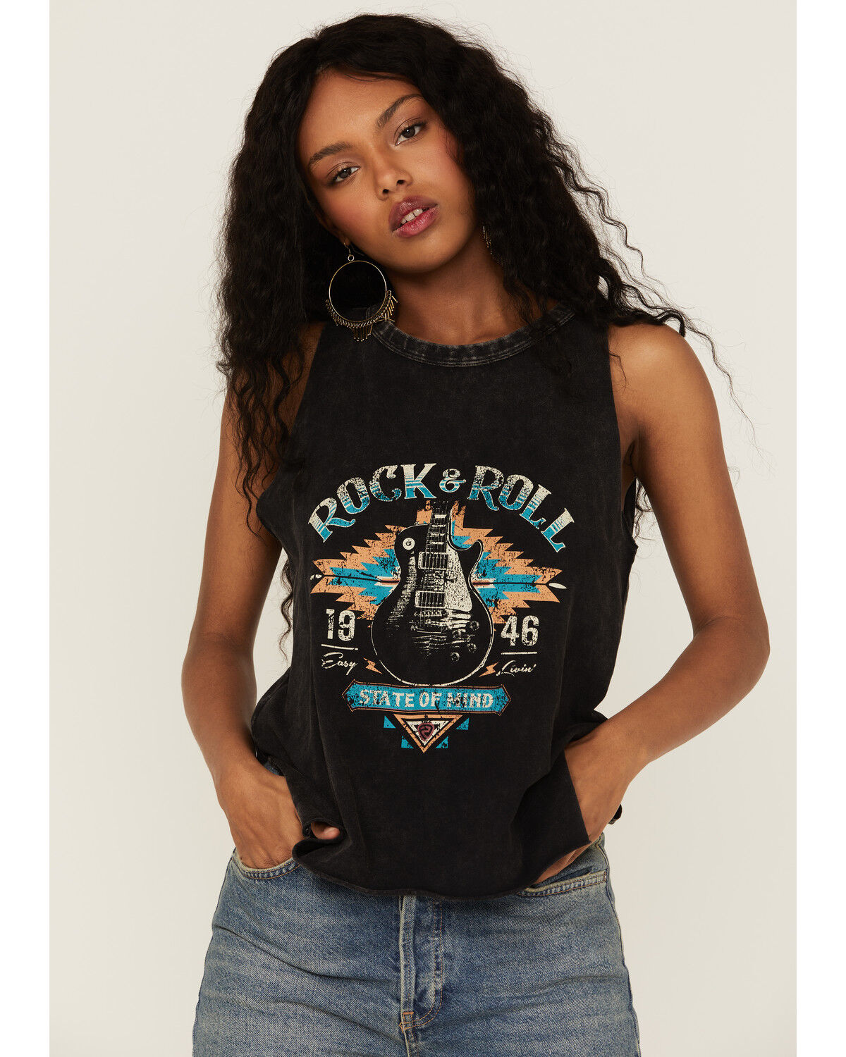 Image #1 - Panhandle Women's Rock & Roll Southwestern Print Black Black Graphic Muscle Tank, , hi-res