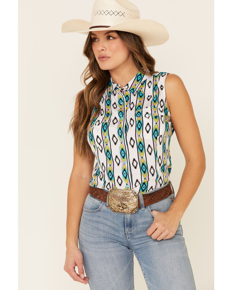 Wrangler Women's Multi Punchy Southwestern Striped Sleeveless Western Core Shirt , Multi, hi-res