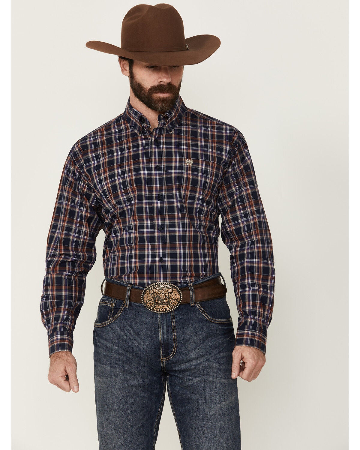 Cinch Men's Plaid Print Long Sleeve Button-Down Western Shirt, Navy, hi-res