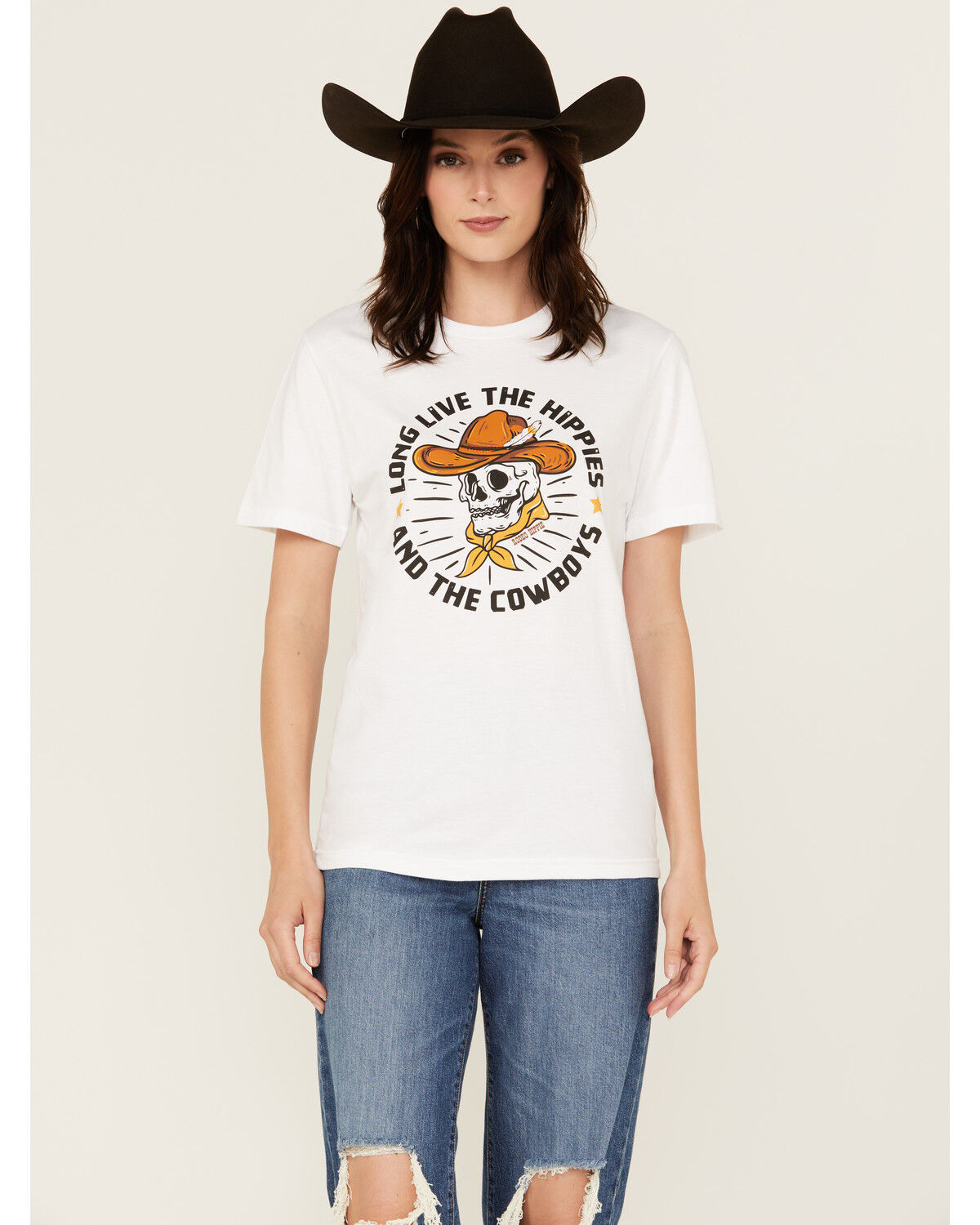 Image #1 - Rodeo Hippie Women's Long Live Cowboys Skull Short Sleeve Graphic Tee, Cream, hi-res
