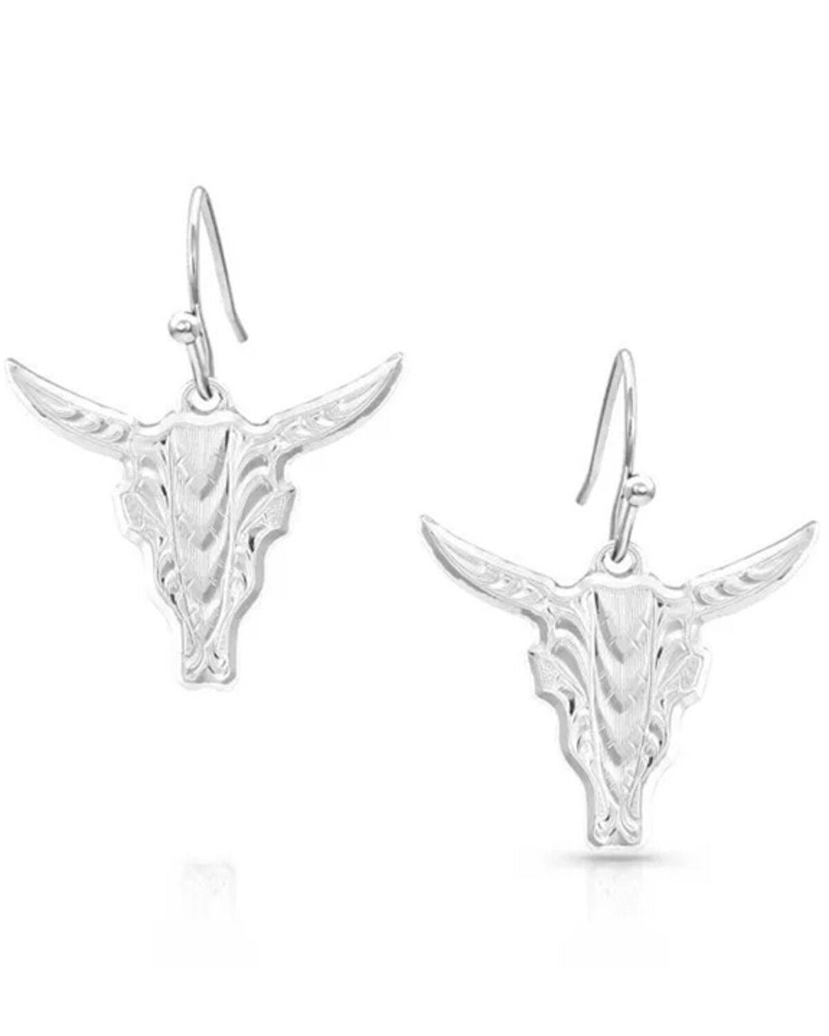 Montana Silversmiths Women's Chiseled Steer Head Earrings, Turquoise, hi-res