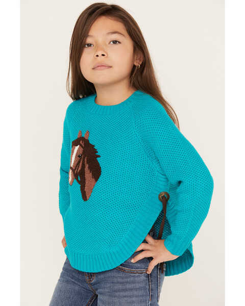 Image #2 - Cotton & Rye Girls' Horse Graphic Sweater, Turquoise, hi-res