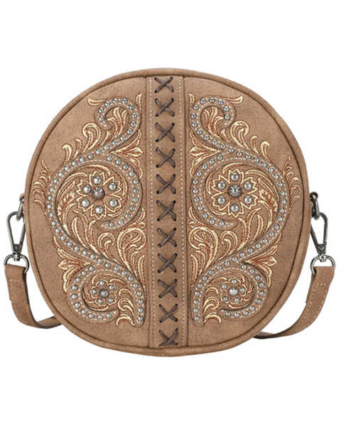 Montana West Women's Brown Floral Embroidered Collection Circle Crossbody Handbag, Brown, hi-res