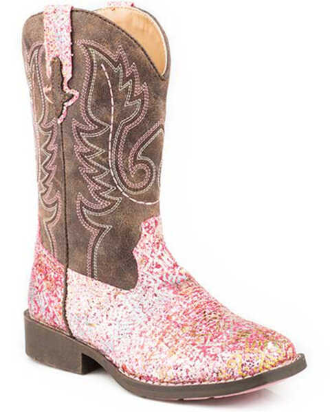 Image #1 - Roper Girls' Glitter Southwest Western Boots - Square Toe, Pink, hi-res
