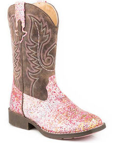 Roper Girls' Glitter Southwest Western Boots - Square Toe, Pink, hi-res