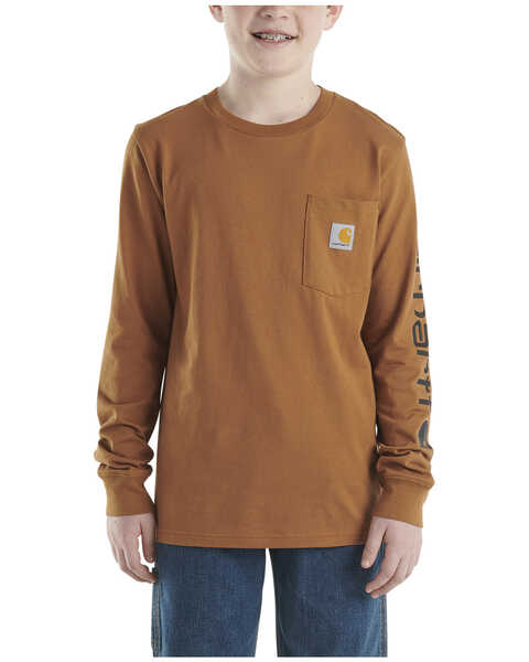Image #1 - Carhartt Boys' Logo Long Sleeve Pocket T-Shirt, Medium Brown, hi-res
