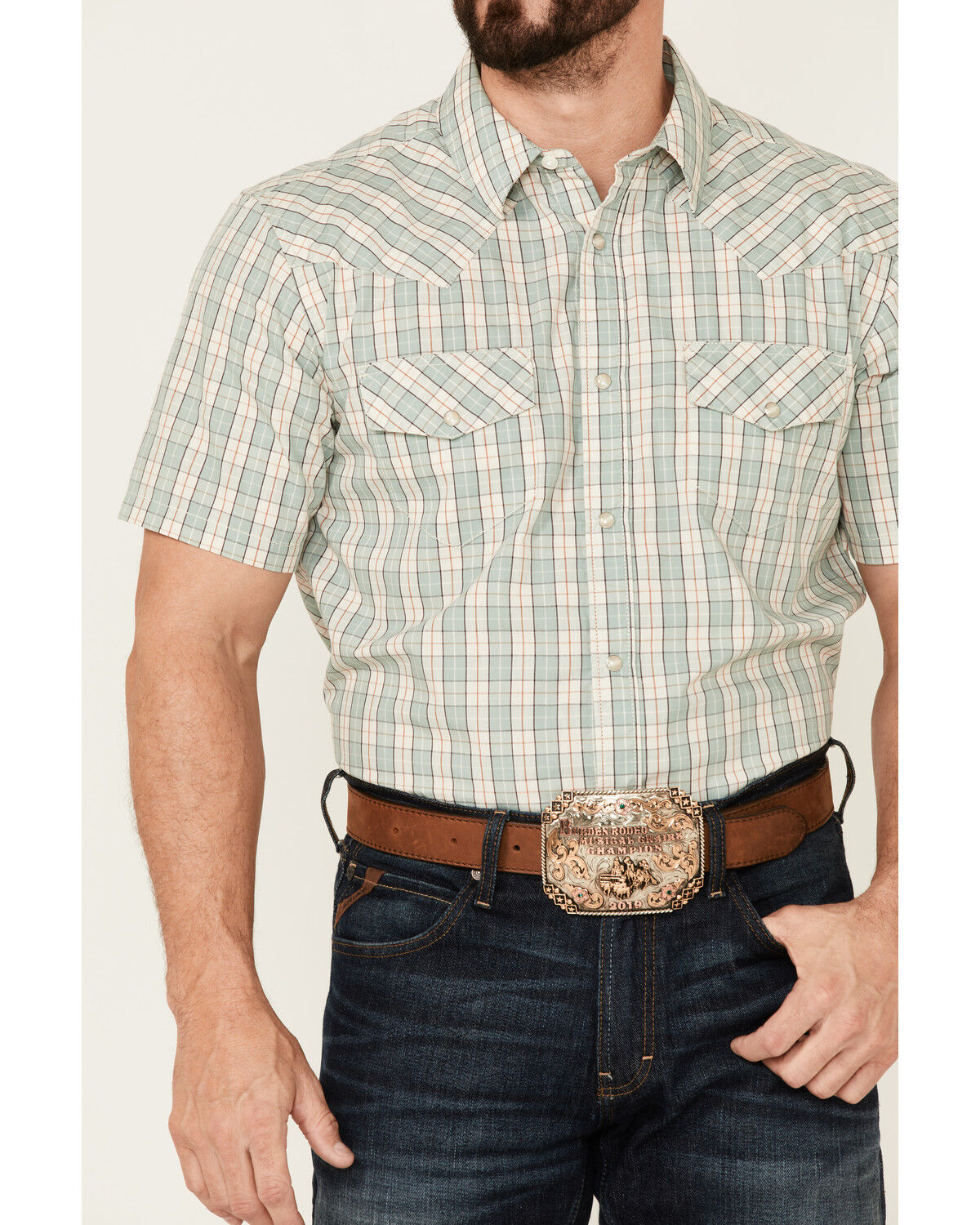 Image #3 - Gibson Men's Cream Archie Plaid Print Short Sleeve Pearl Snap Western Shirt, Cream, hi-res