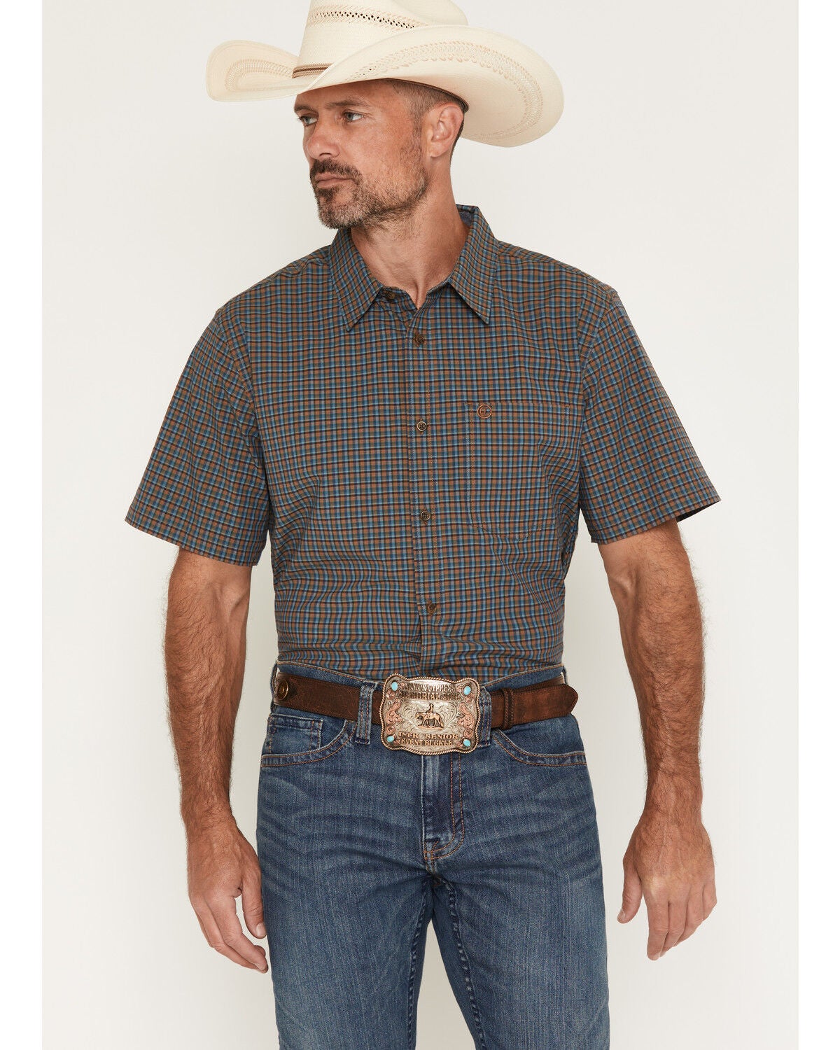 Image #1 - Cody James Men's Buster Plaid Print Short Sleeve Button-Down Stretch Western Shirt, Blue, hi-res