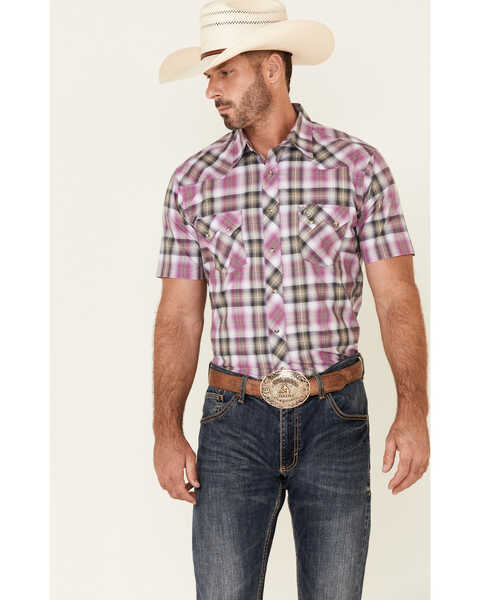 Wrangler Retro Men's Plaid Print Short Sleeve Snap Western Shirt , Purple, hi-res