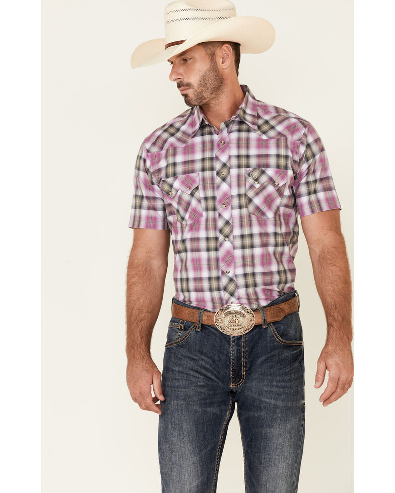 Wrangler Retro Men's Plum Plaid Short Sleeve Snap Western Shirt , Purple, hi-res