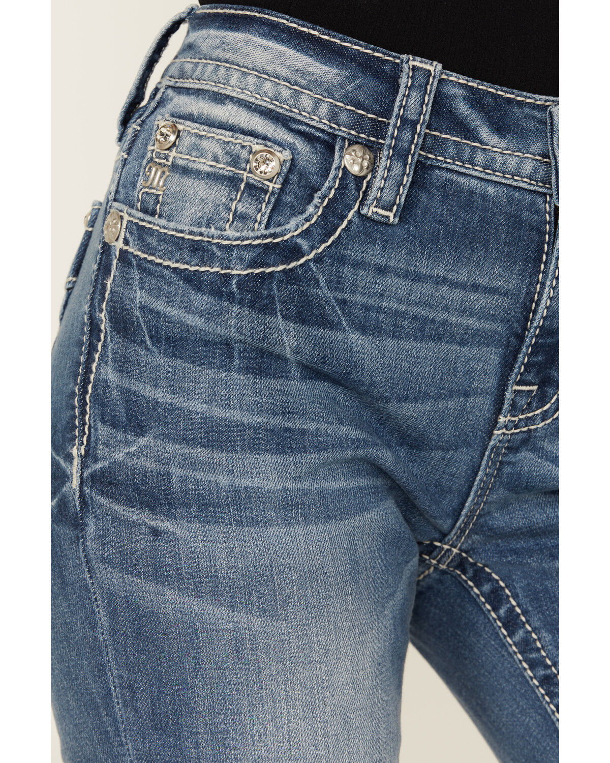 Image #4 - Miss Me Women's Medium Wash Mid Rise Floral Pocket Bootcut Stretch Denim Jeans, Medium Wash, hi-res