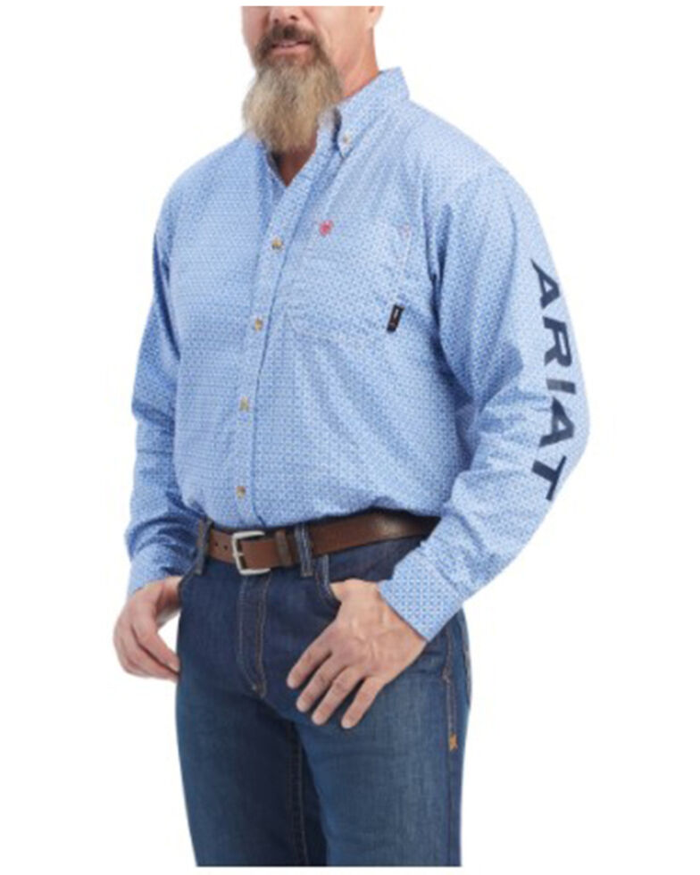 Ariat Men's FR Lanting Logo Geo Long Sleeve Button-Down Work Shirt - Big & Tall , Turquoise, hi-res