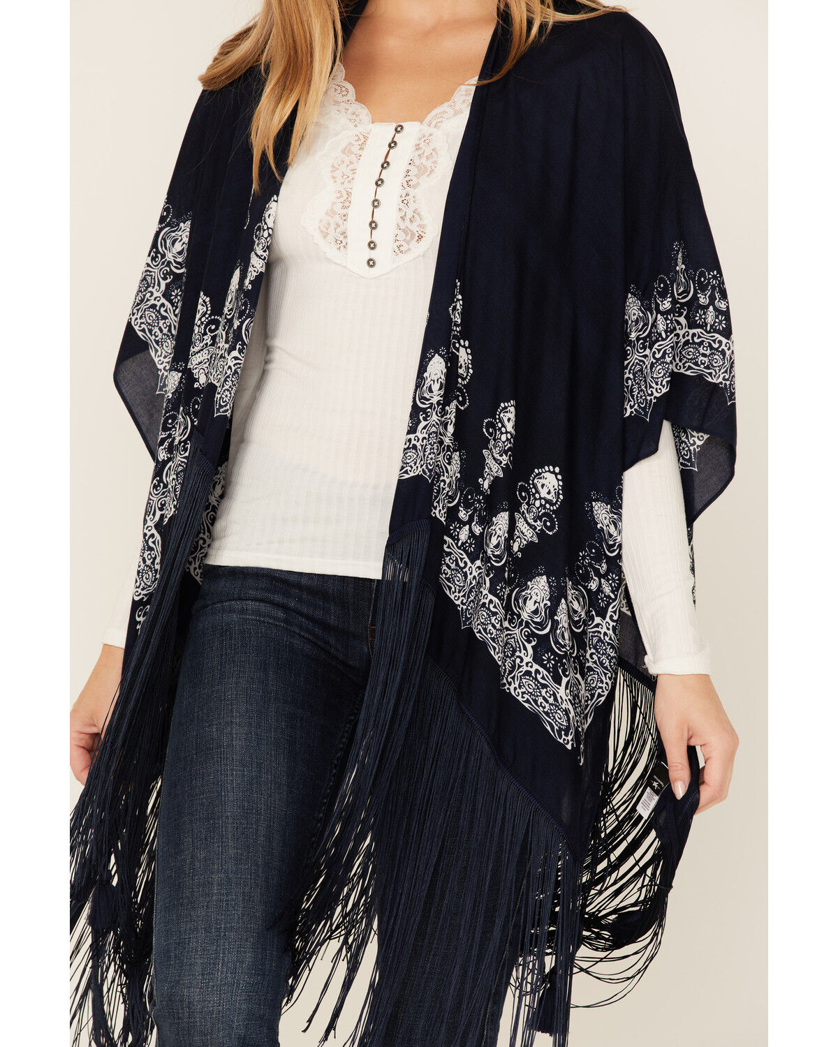 Image #3 - Idyllwind Women's Paisley Stadium Fringe Shawl, Navy, hi-res