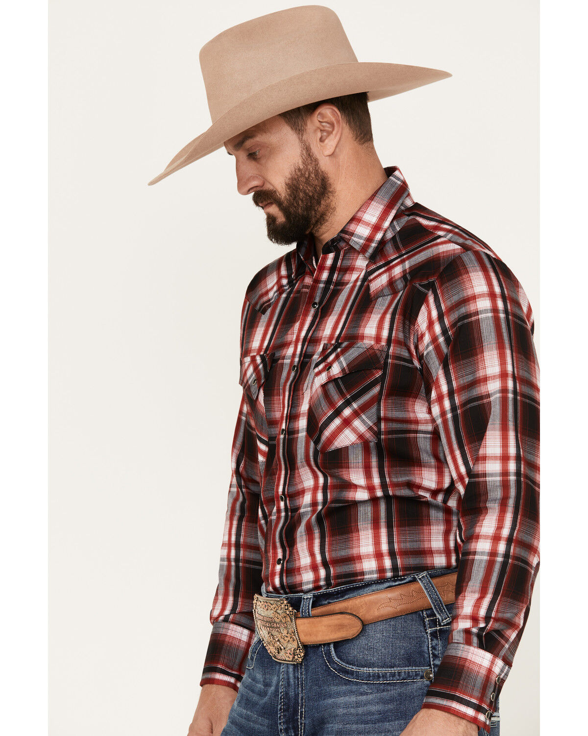 Image #2 - Ely Walker Men's Plaid Print Long Sleeve Snap Western Shirt, Red, hi-res