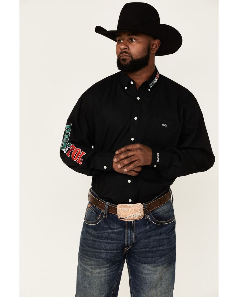 Resistol Men's Solid Black Mexico Logo Embroidered Long Sleeve Button-Down Western Shirt , Black, hi-res