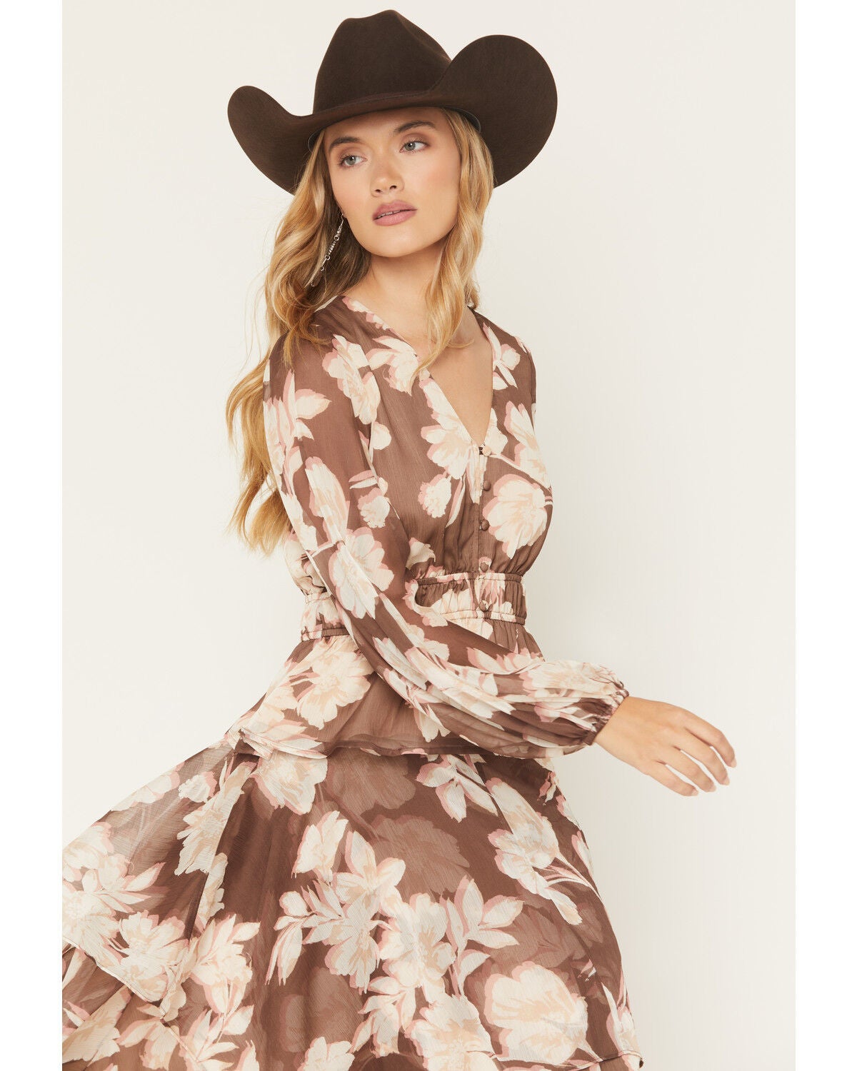 Image #1 - Shyanne Women's Floral Print Long Sleeve Chiffon Shirt, Brown, hi-res