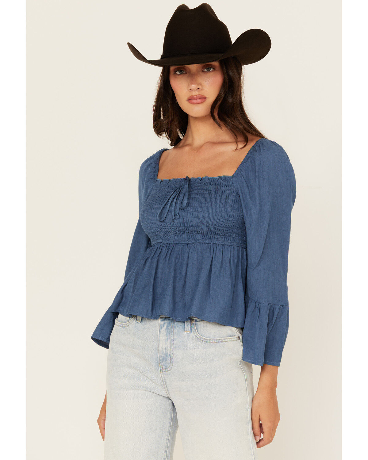 Image #1 - Ash & Violet Women's Smocked Front Bell Sleeve Top, Teal, hi-res