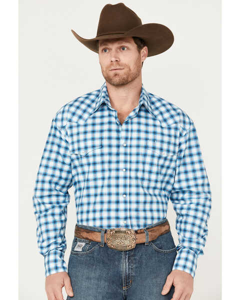 Image #1 - Roper Men's Amarillo Plaid Print Long Sleeve Stretch Western Snap Shirt, Blue, hi-res