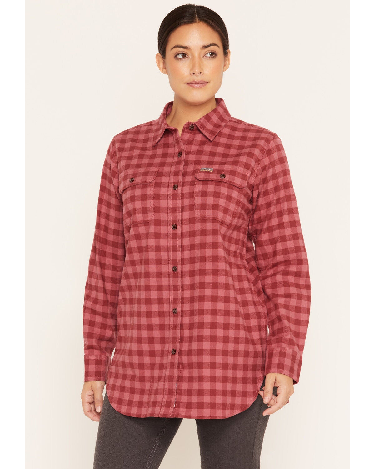 Image #1 - Ariat Women's Rebar Plaid Print Long Sleeve Button-Down Stretch Work Shirt, Red, hi-res