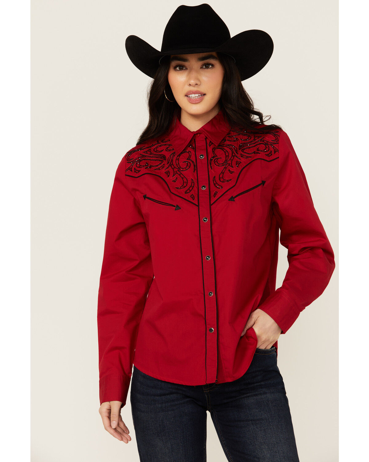 Image #1 - Avalon Women's Embroidered Long Sleeve Snap Western Shirt, Red, hi-res