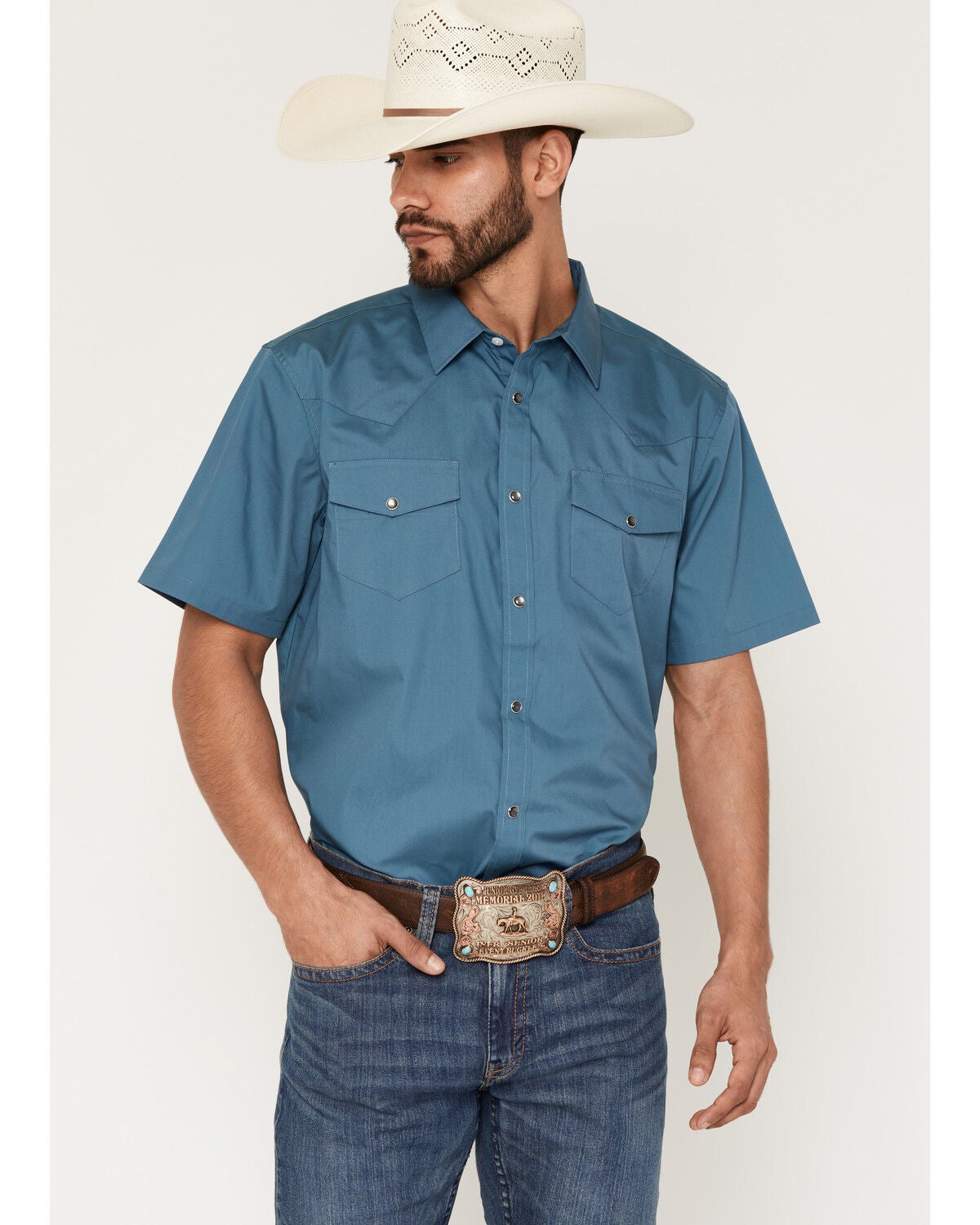 Image #1 - Gibson Trading Co Men's Basic Solid Short Sleeve Snap Western Shirt, Dark Teal, hi-res