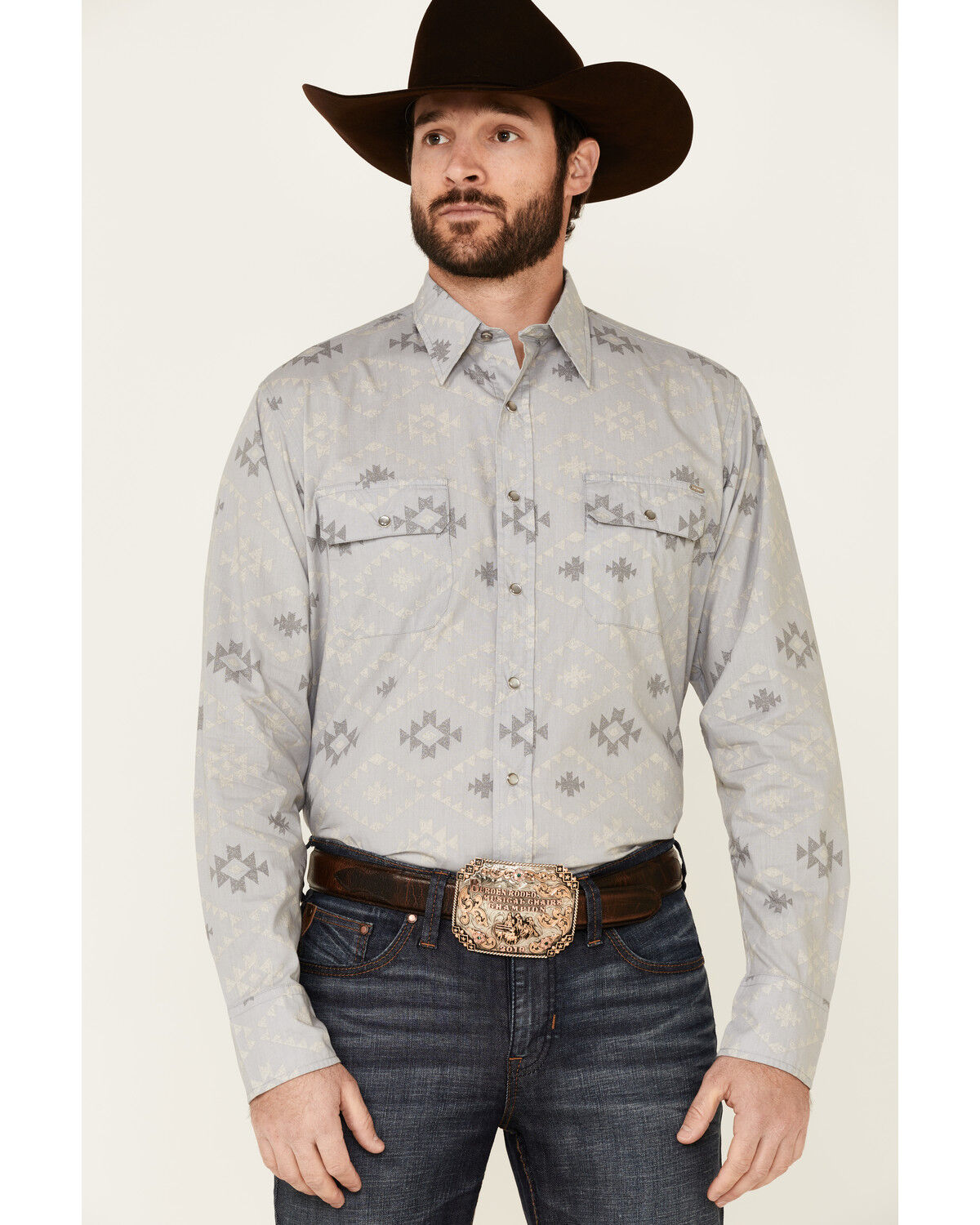Image #1 - Tin Haul Men's Gray Southwestern Textured Print Long Sleeve Snap Western Shirt, Grey, hi-res
