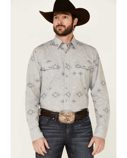 Tin Haul Men's Gray Southwestern Textured Print Long Sleeve Snap Western Shirt , Grey, hi-res