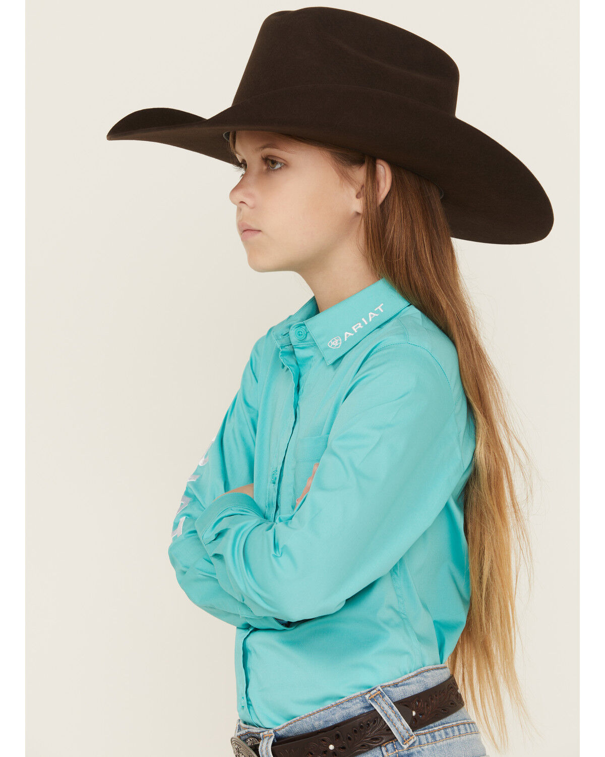 Image #3 - Ariat Girls' Team Kirby Solid Logo Long Sleeve Button-Down Stretch Western Shirt, Turquoise, hi-res