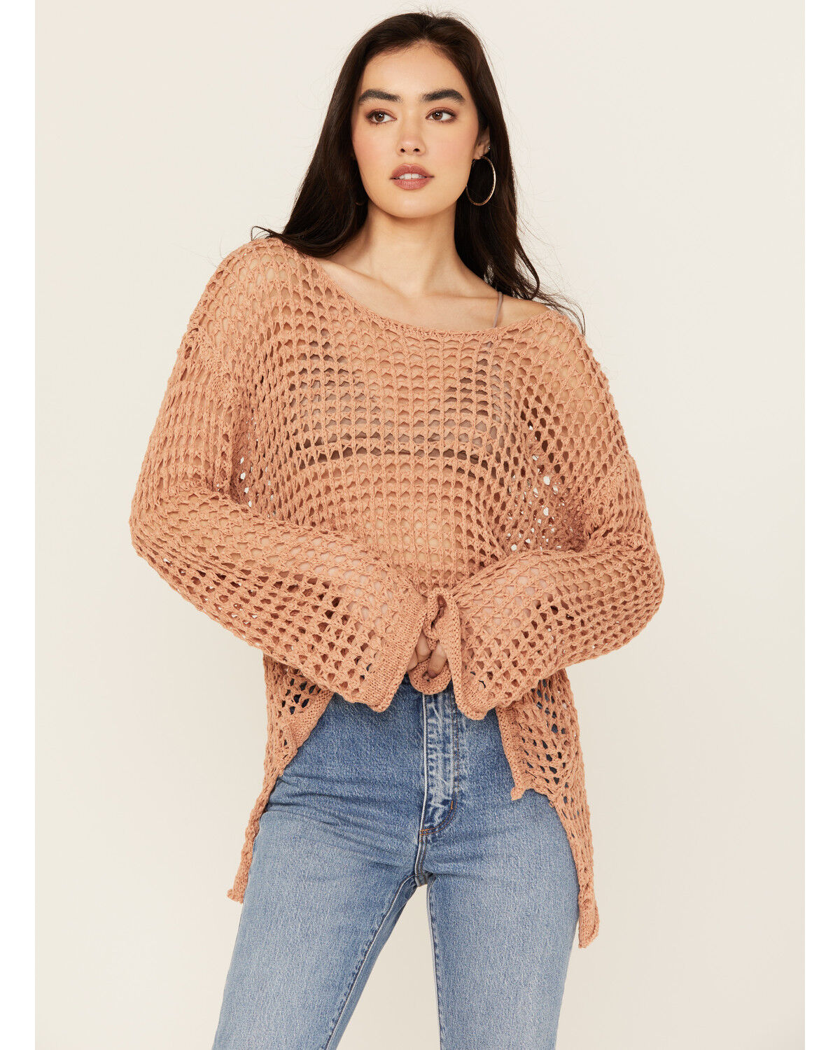 Image #1 - People of Leisure Women's Open Crochet Long Sleeve Sweater, Coral, hi-res