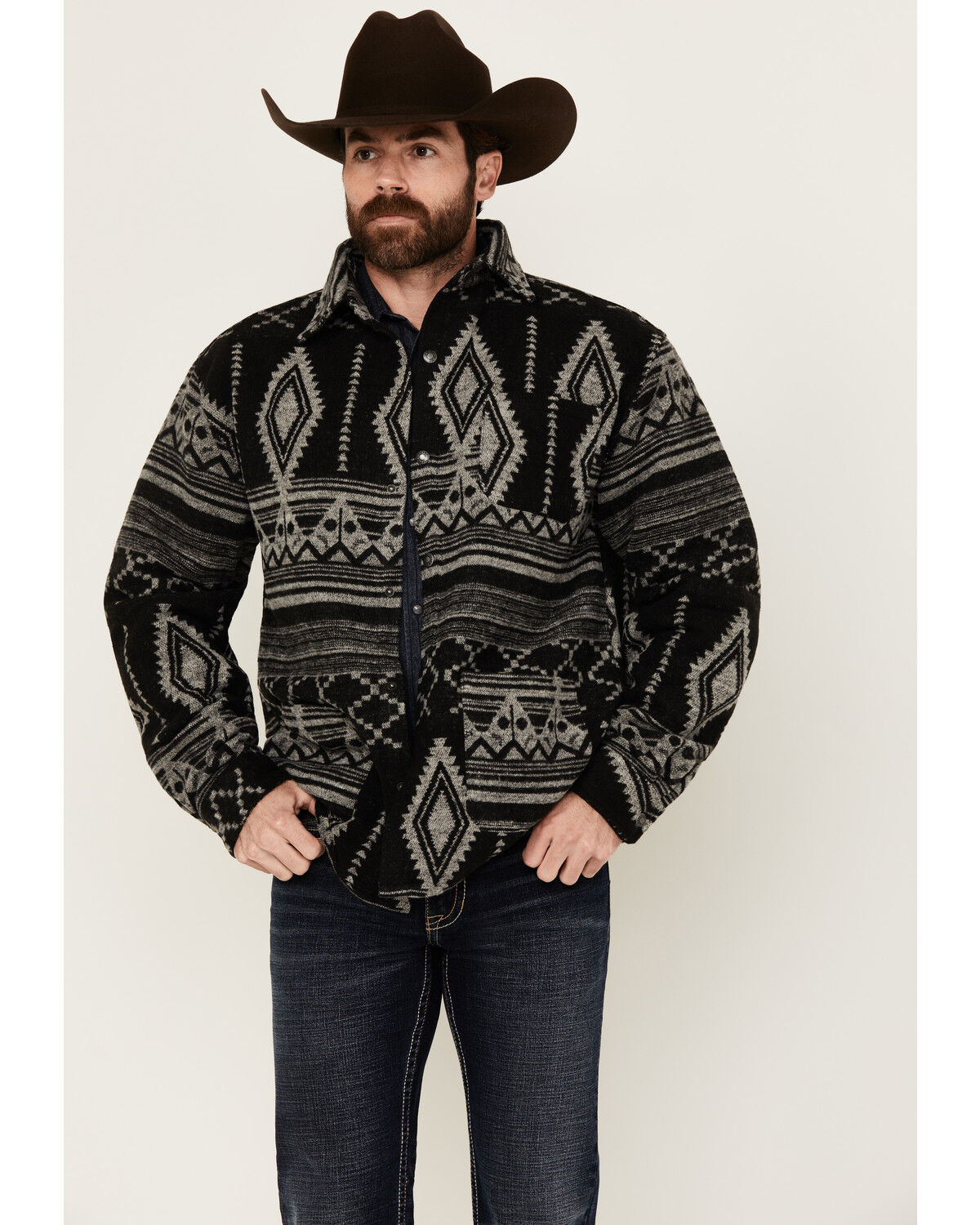 Image #1 - Outback Trading Co Men's Luca Southwestern Print Shacket, Black, hi-res