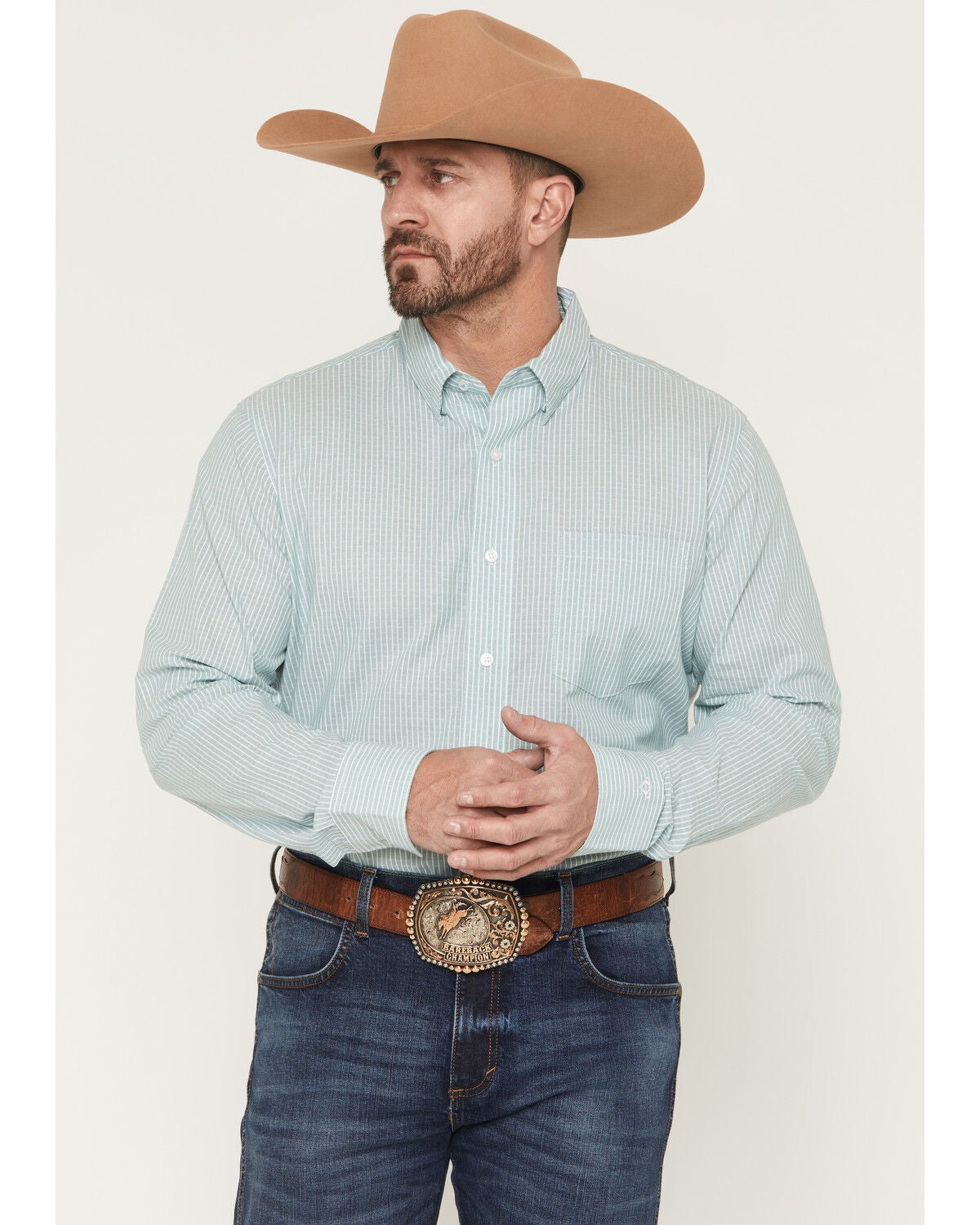 Image #1 - Wrangler X Cody Johnson Men's Striped Long Sleeve Button-Down Western Shirt, Green, hi-res