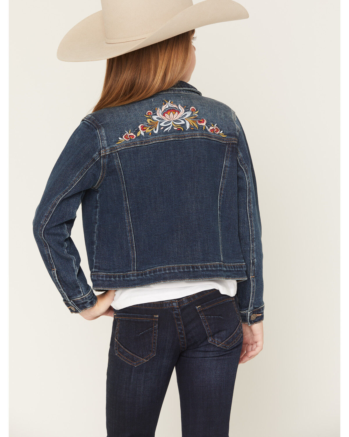 Image #4 - Shyanne Girls' Scout Floral Embroidered Denim Jacket, Dark Wash, hi-res