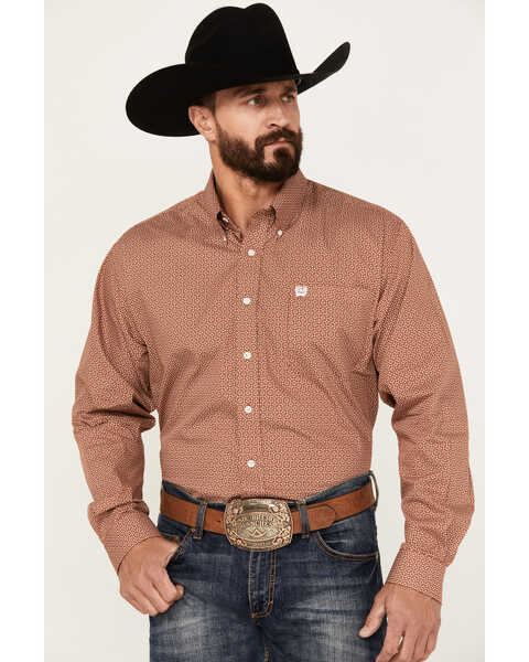 Image #1 - Cinch Men's Floral Geo Print Long Sleeve Button-Down Western Shirt, Brown, hi-res