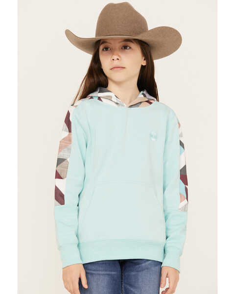 Hooey Girls' Geo Print Sleeve Hooded Sweatshirt, Teal, hi-res