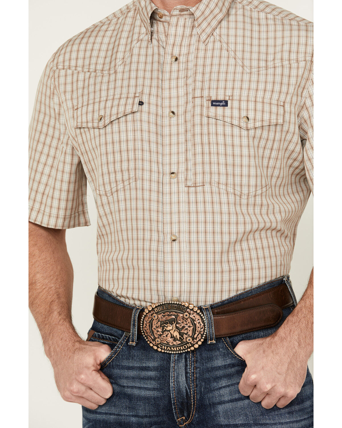 Image #3 - Wrangler Men's Plaid Print Short Sleeve Snap Performance Western Shirt, Tan, hi-res