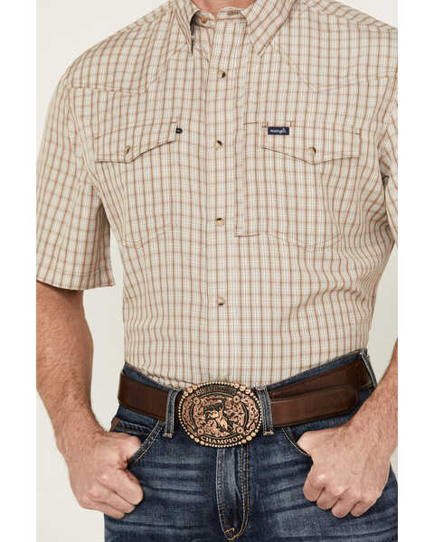 Image #3 - Wrangler Men's Plaid Print Short Sleeve Snap Performance Western Shirt , Tan, hi-res