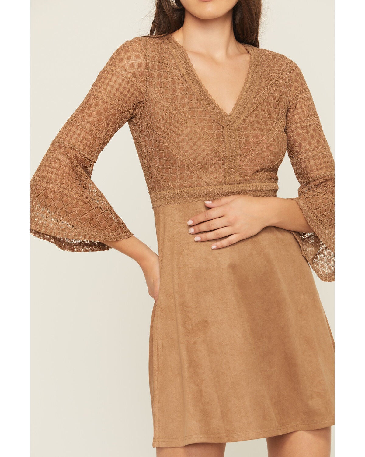 Image #3 - Shyanne Women's Faux Suede Lace Bell Sleeve Mini Dress, Coffee, hi-res