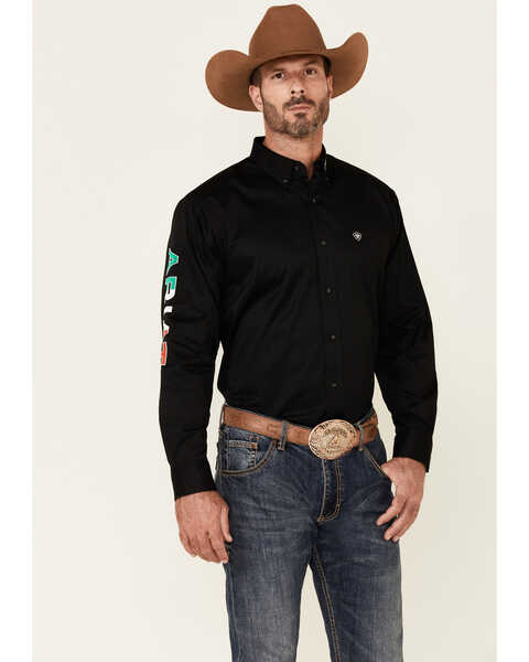 Ariat Men's Solid Team Mexico Logo Long Sleeve Button Down Western Shirt , Black, hi-res