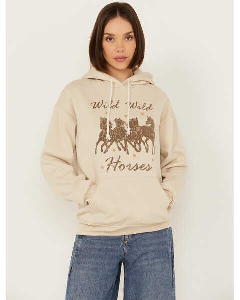 Image #1 - Youth In Revolt Women's Hold Horses Graphic Hoodie , Taupe, hi-res