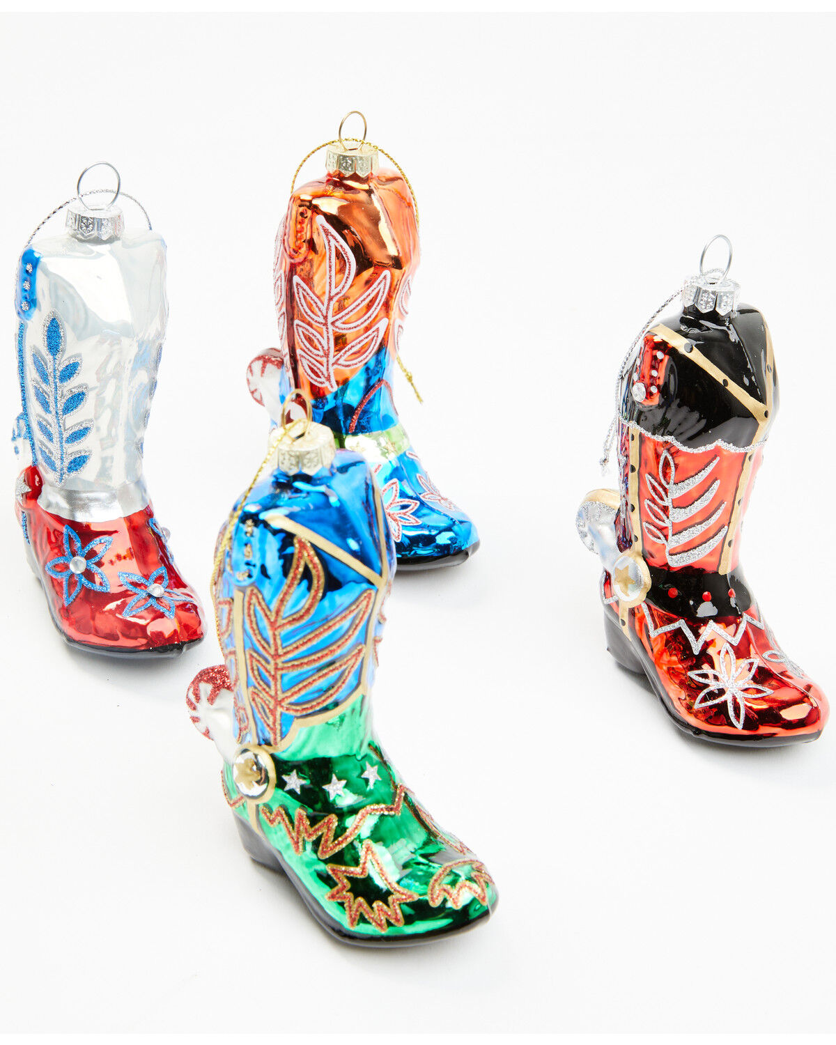 Image #1 - Boot Barn Glass Cowboy Boots Christmas Ornament Set - 4 Piece, Silver, hi-res