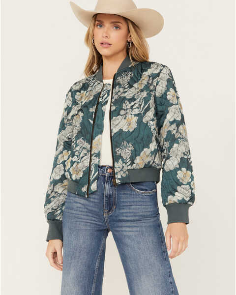 Image #1 - Revel Women's Floral Print Quilted Bomber Jacket , Green, hi-res