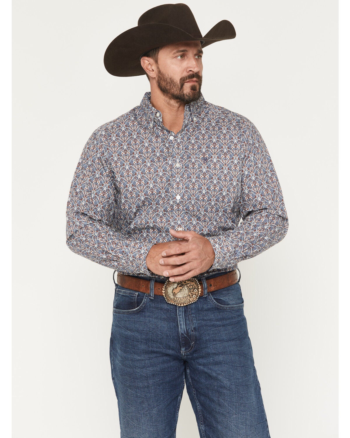 Ariat Men's Tegan Floral Print Long Sleeve Button-Down Western Shirt, Blue, hi-res