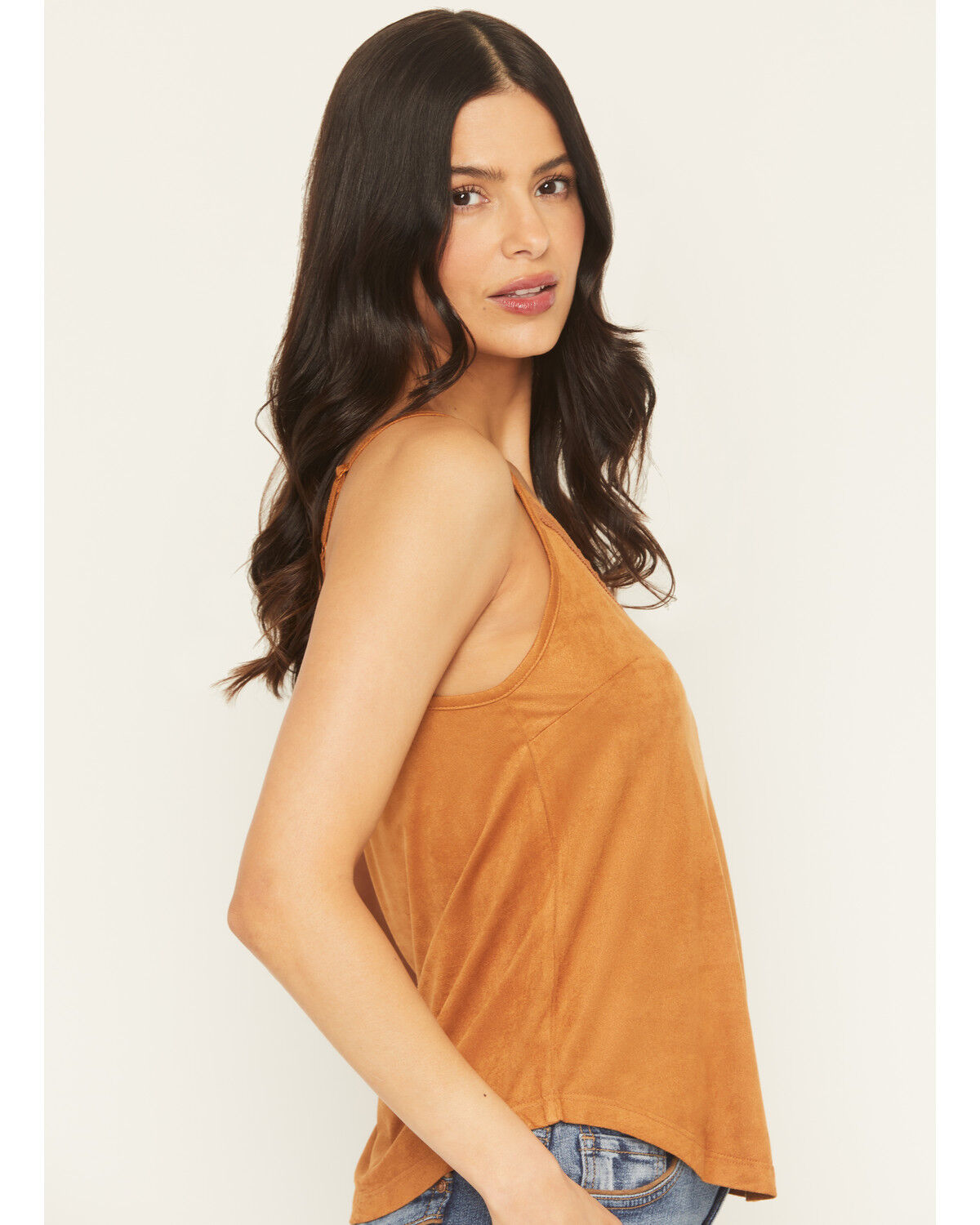Image #2 - Shyanne Women's Solid Faux Suede Sleeveless Crochet Tank Top, Oatmeal, hi-res