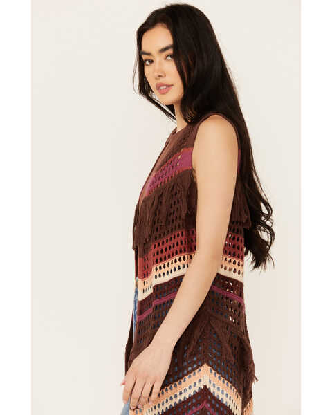 Image #2 - Shyanne Women's Long Striped Crochet Fringe Sweater Vest , Dark Brown, hi-res