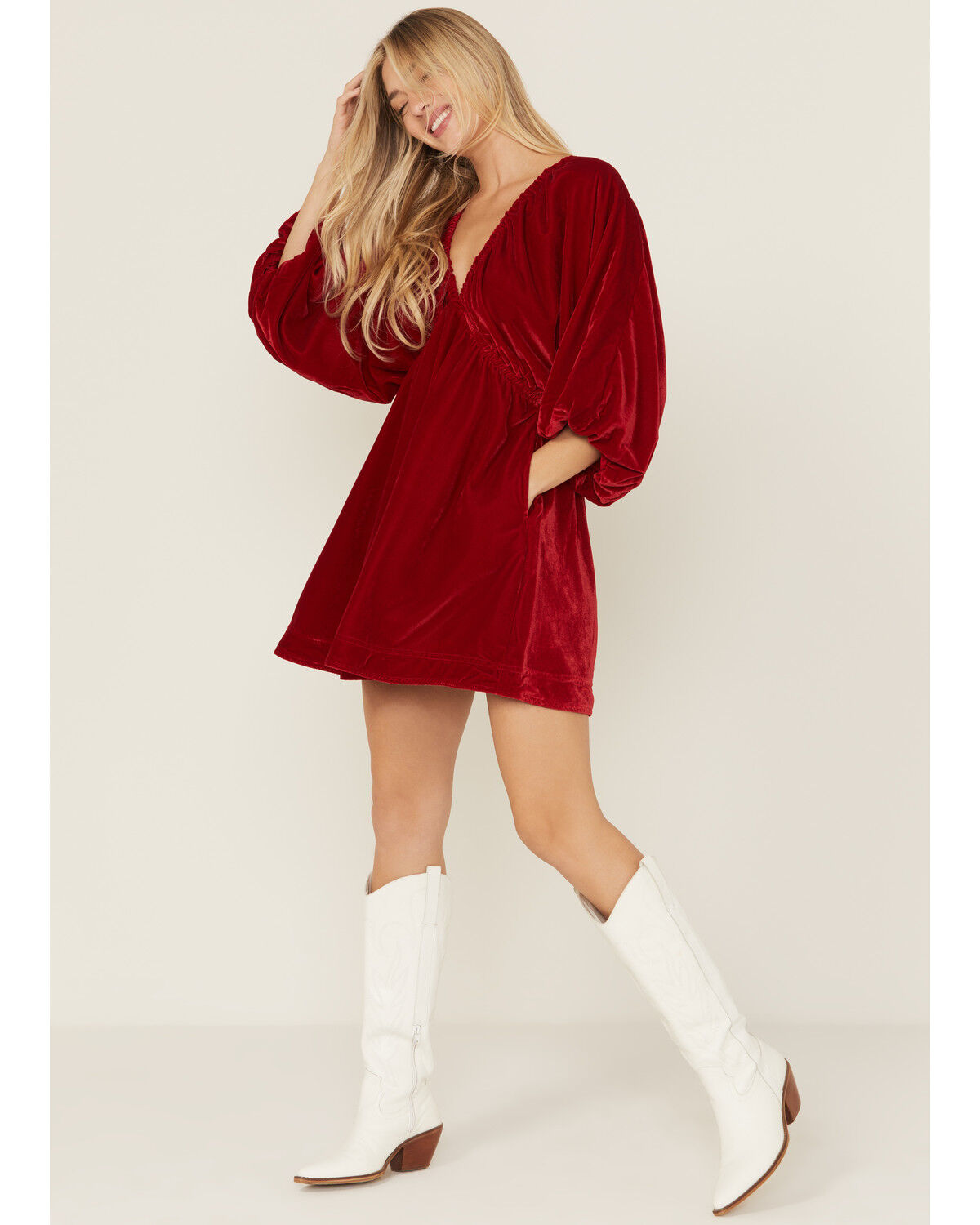 Image #1 - Free People Women's Portia Velvet Long Sleeve Mini Dress, Red, hi-res