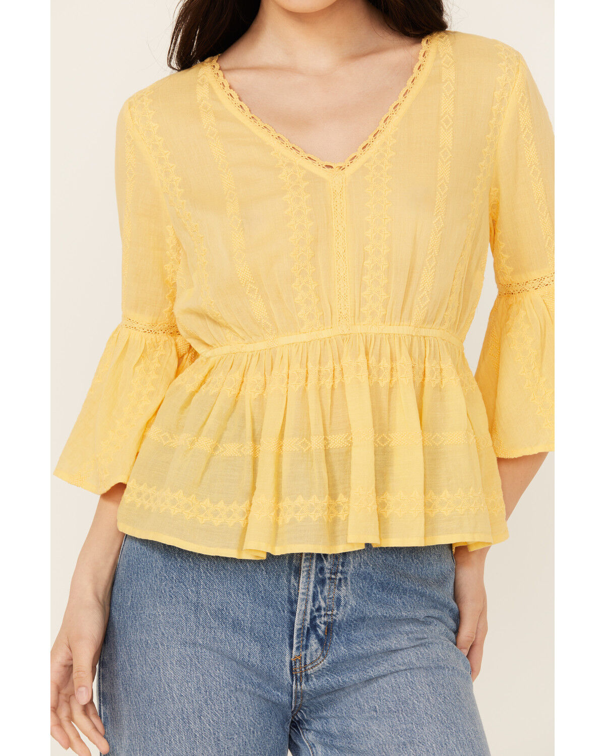 Image #4 - Shyanne Women's Inset Lace Embroidered Peasant Top, Yellow, hi-res