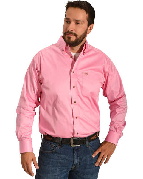 Ariat Men's Classic Fit Solid Twill Long Sleeve Button Down Western Shirt, Pink, hi-res