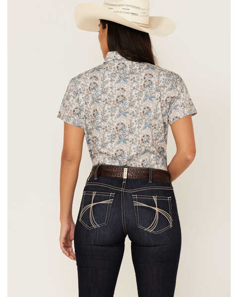 Rough Stock by Panhandle Women's Floral Print Short Sleeve Snap Western Shirt, Ivory, hi-res
