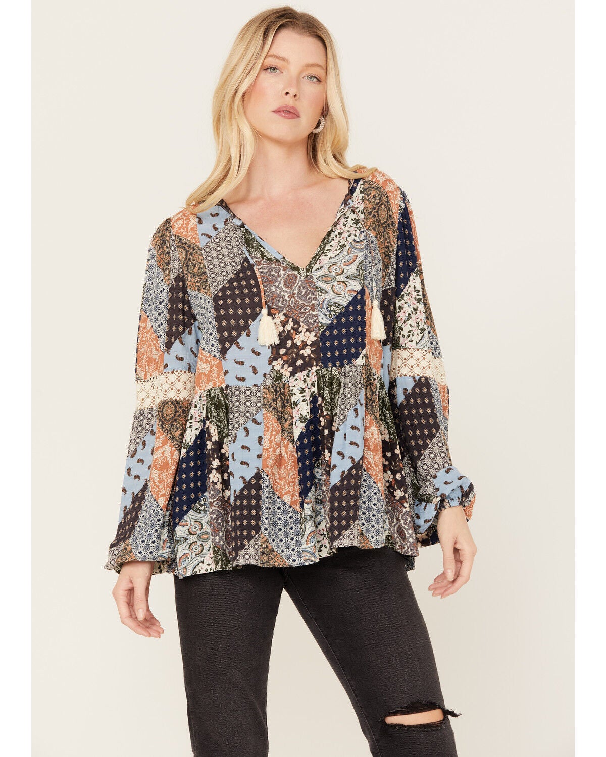 Image #1 - Cleo + Wolf Women's Dobbie Patchwork Top, Blue, hi-res