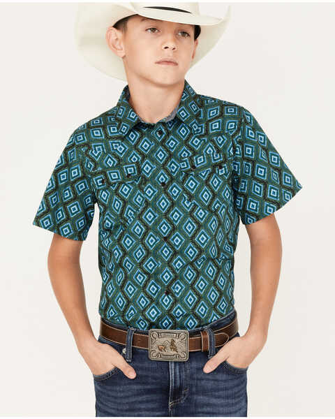 Image #1 - Cody James Boys' Diamond Geo Print Short Sleeve Western Snap Shirt, Dark Green, hi-res